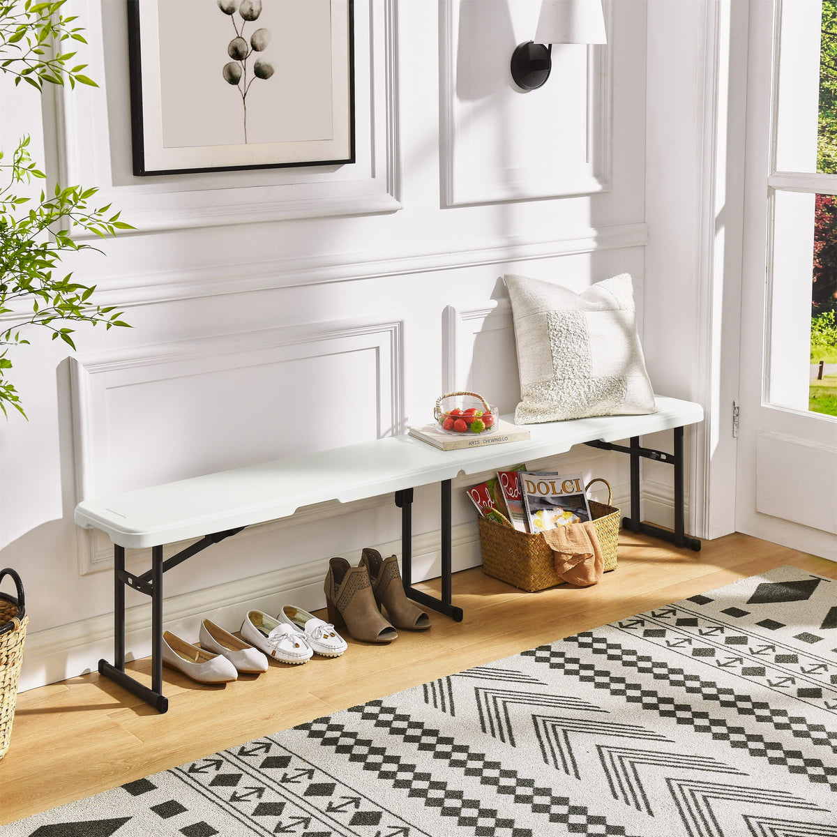 Velmora™ 6' Centerfold Bench, Steel Frame, Indoor Outdoor, Includes Carry Handle, White
