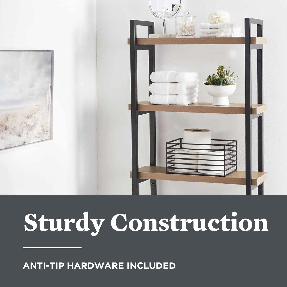 Velmora™ Jace 3-Shelf Over-the-Toilet Storage Shelf, Black Frame with Oak Shelves