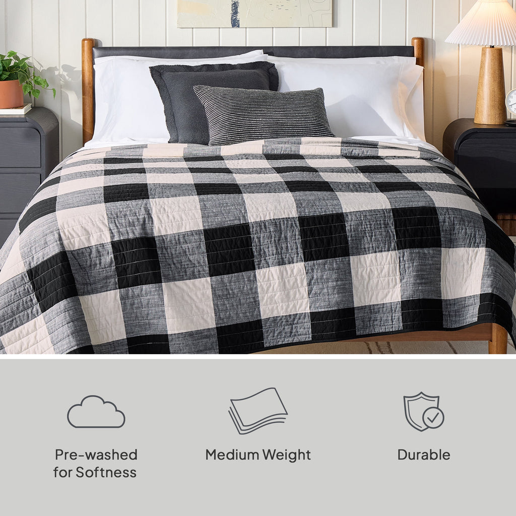 Velmora™ Buffalo Plaid Cotton Quilt, King, Black & White Bedding