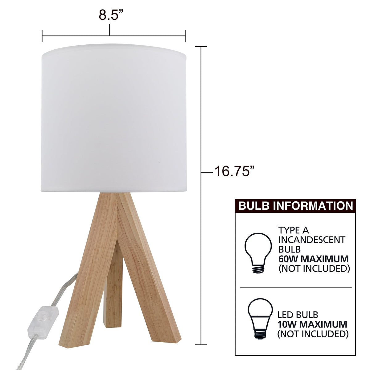 Velmora™ (2 pack) Tripod Table Lamp with Oak Finish and White Shade, 16.75 in H, One Size