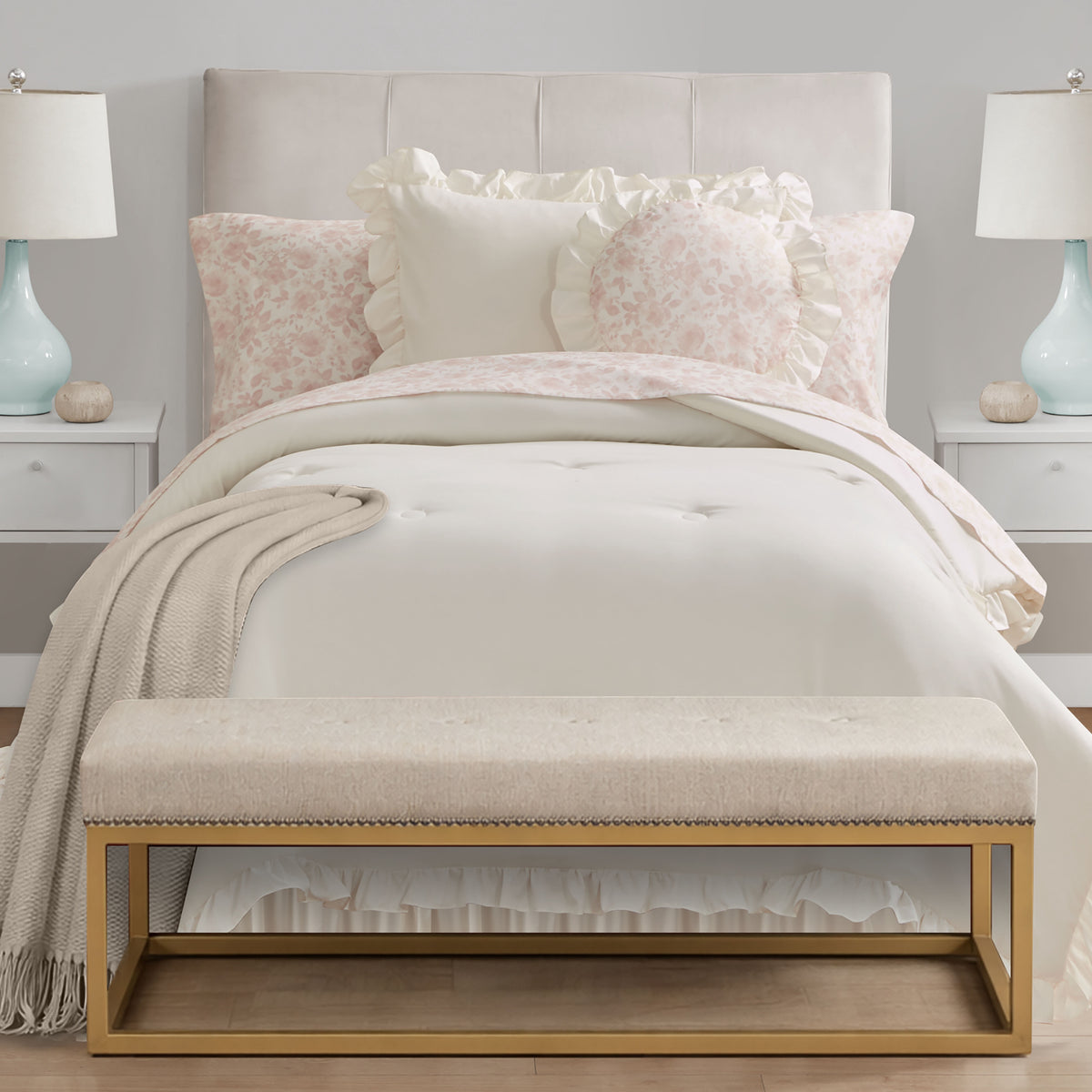 Velmora™ Reversible 8-Piece Bed-in-a-Bag Comforter and Sheet Set, Twin/Twin-XL, Cream Ruffle