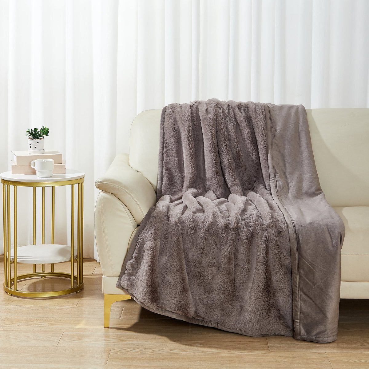 Velmora™ Faux Fur Throw Blanket, 50 in x 72 in, Grey Bisque