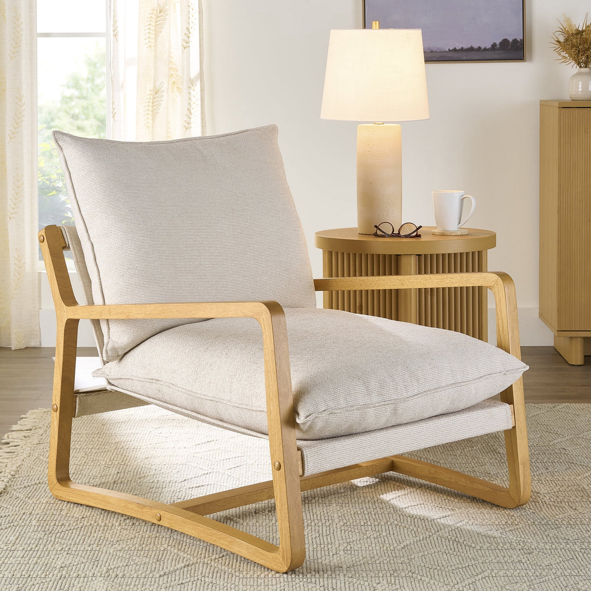 Velmora™ Wooden Ezra Sling Accent Chair, Cream Linen