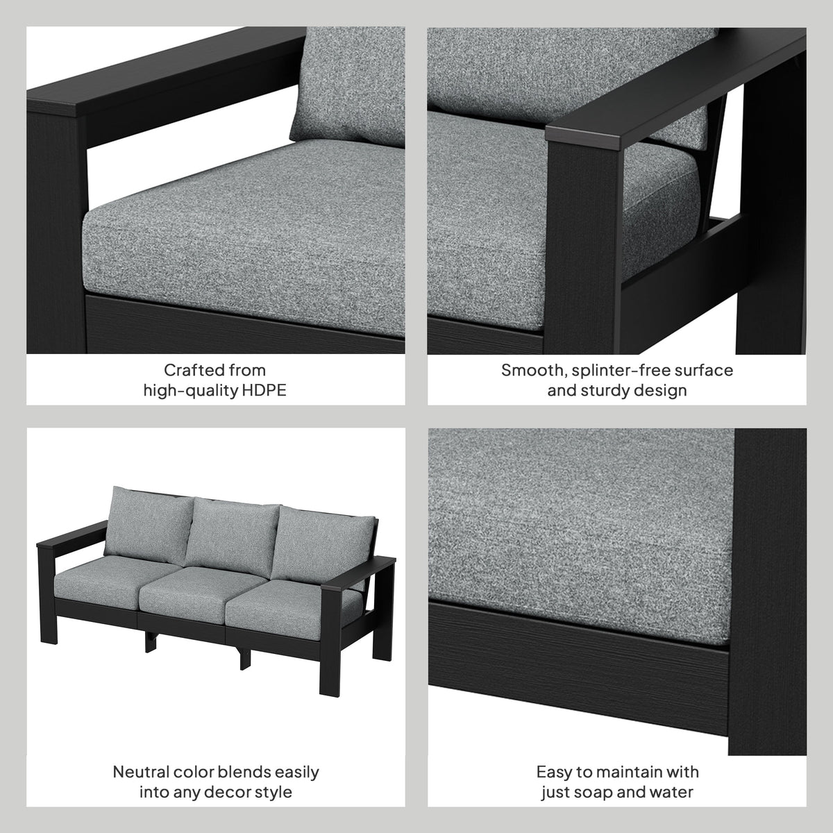 Velmora™ Ezra Outdoor Sofa, Black Frame with Gray Cushions