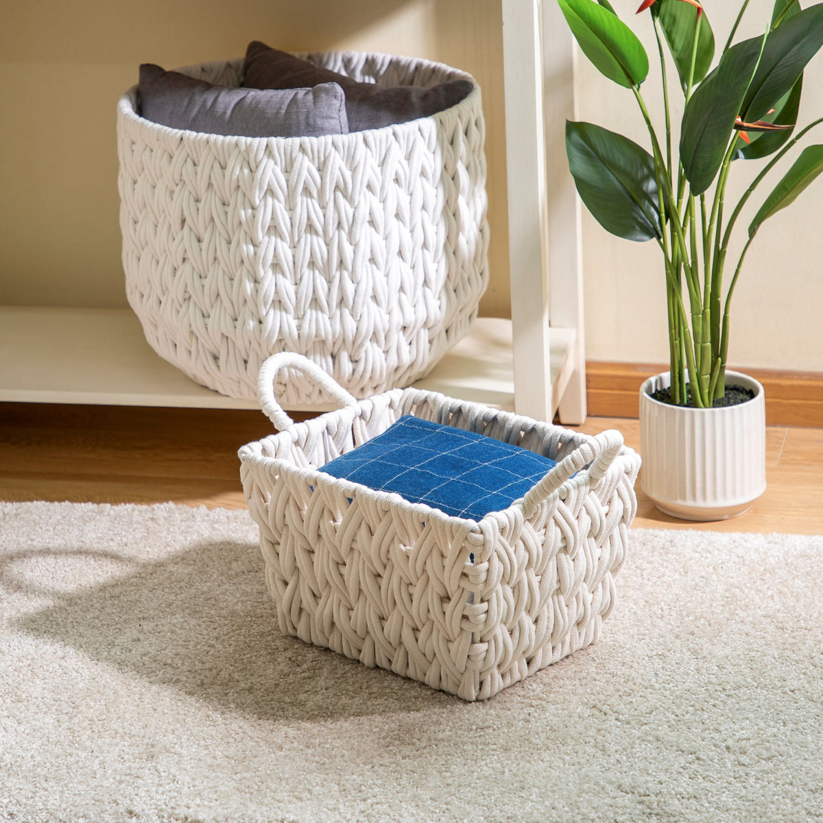 Velmora™ (2 pack) Medium White Woven Rope Decorative Storage Basket with Handles, 14.3 in x 11 in x 9 in