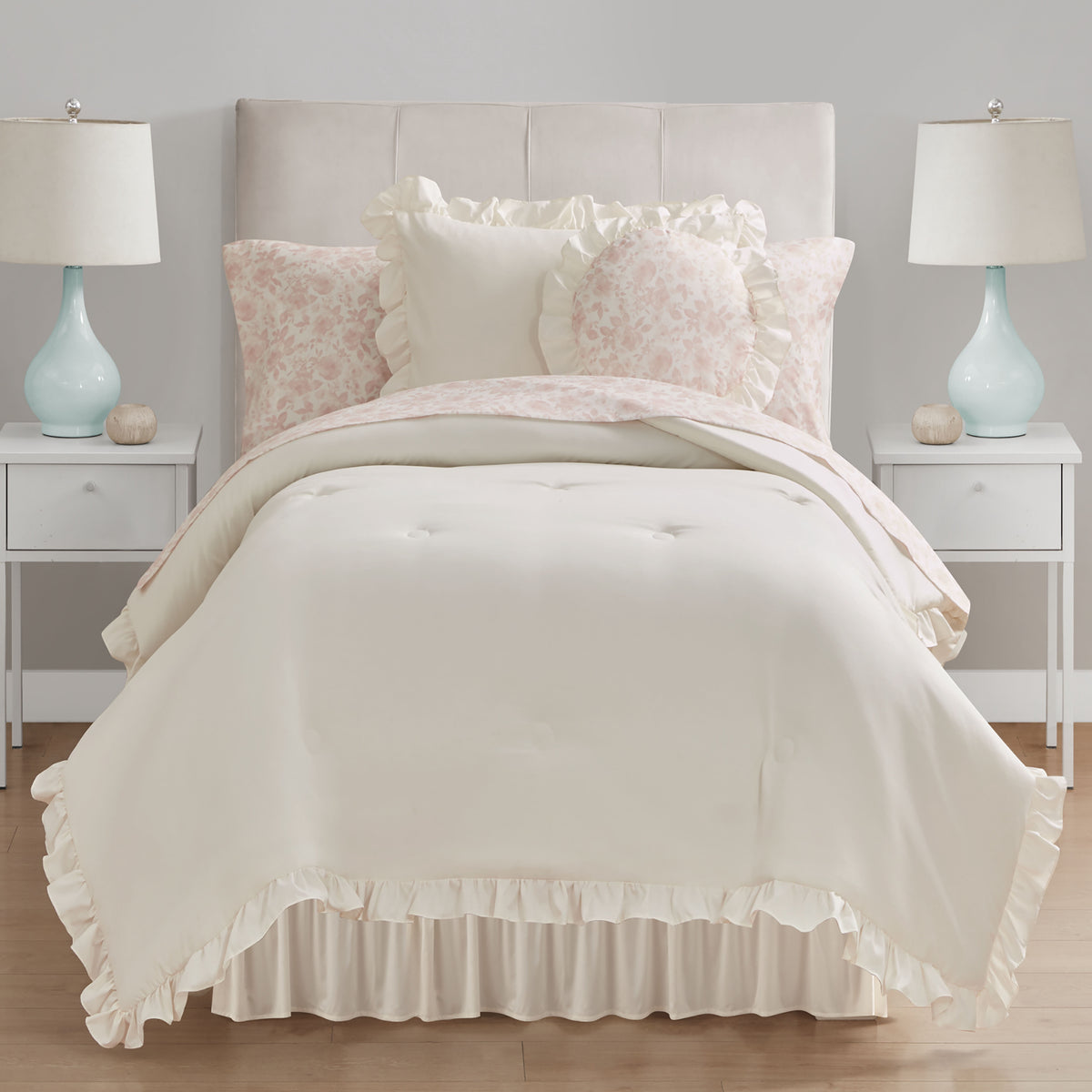 Velmora™ Reversible 8-Piece Bed-in-a-Bag Comforter and Sheet Set, Twin/Twin-XL, Cream Ruffle