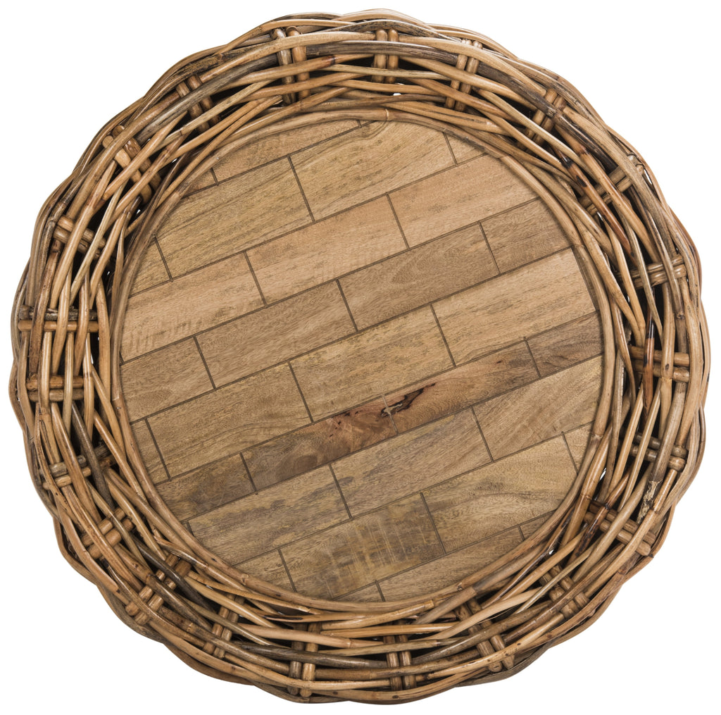 Velmora™ Alley Wood Top Round Wicker Coffee Table, Natural Brown