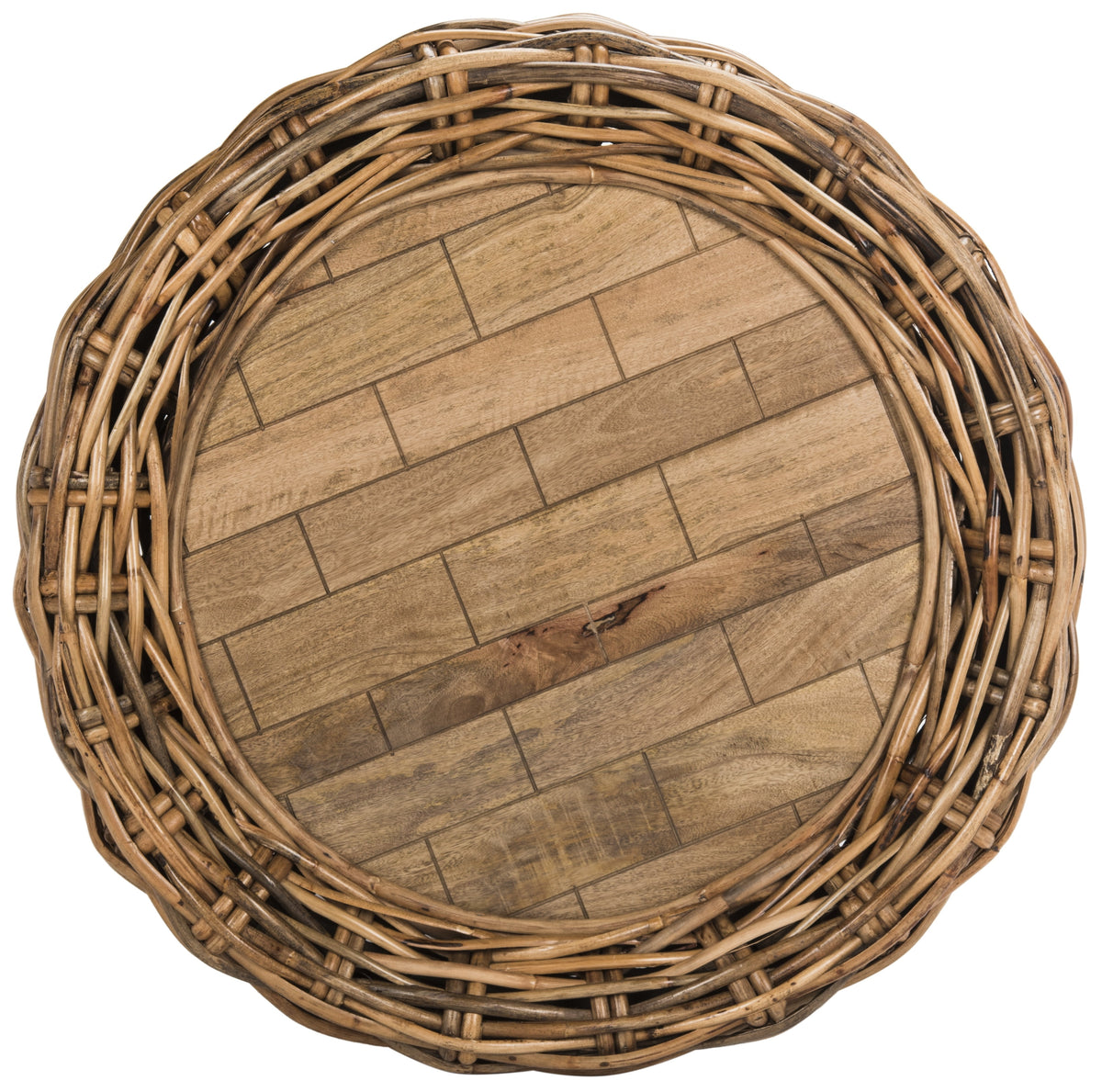 Velmora™ Alley Wood Top Round Wicker Coffee Table, Natural Brown