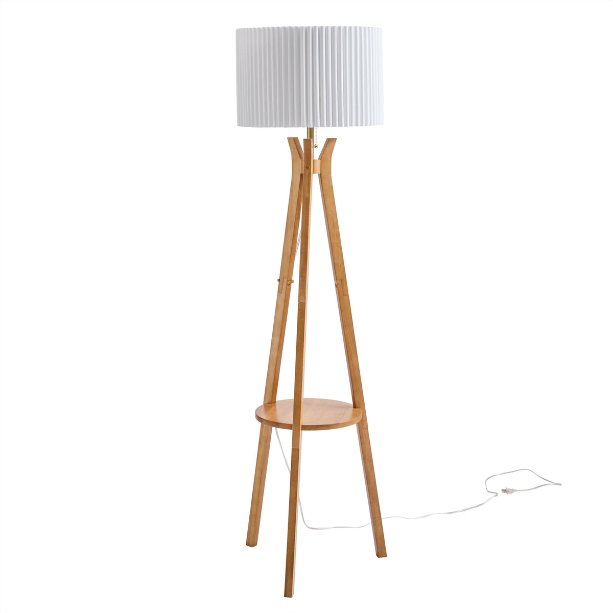 Velmora™ 63 in Natural Wood Tripod Floor Lamp with Pleated Shade