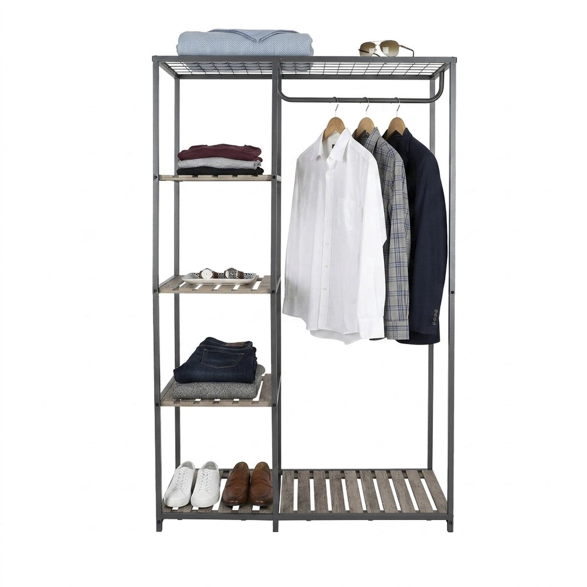 Velmora™ Farmhouse Style Gray Wood and Metal Clothes Rack with Garment Rod
