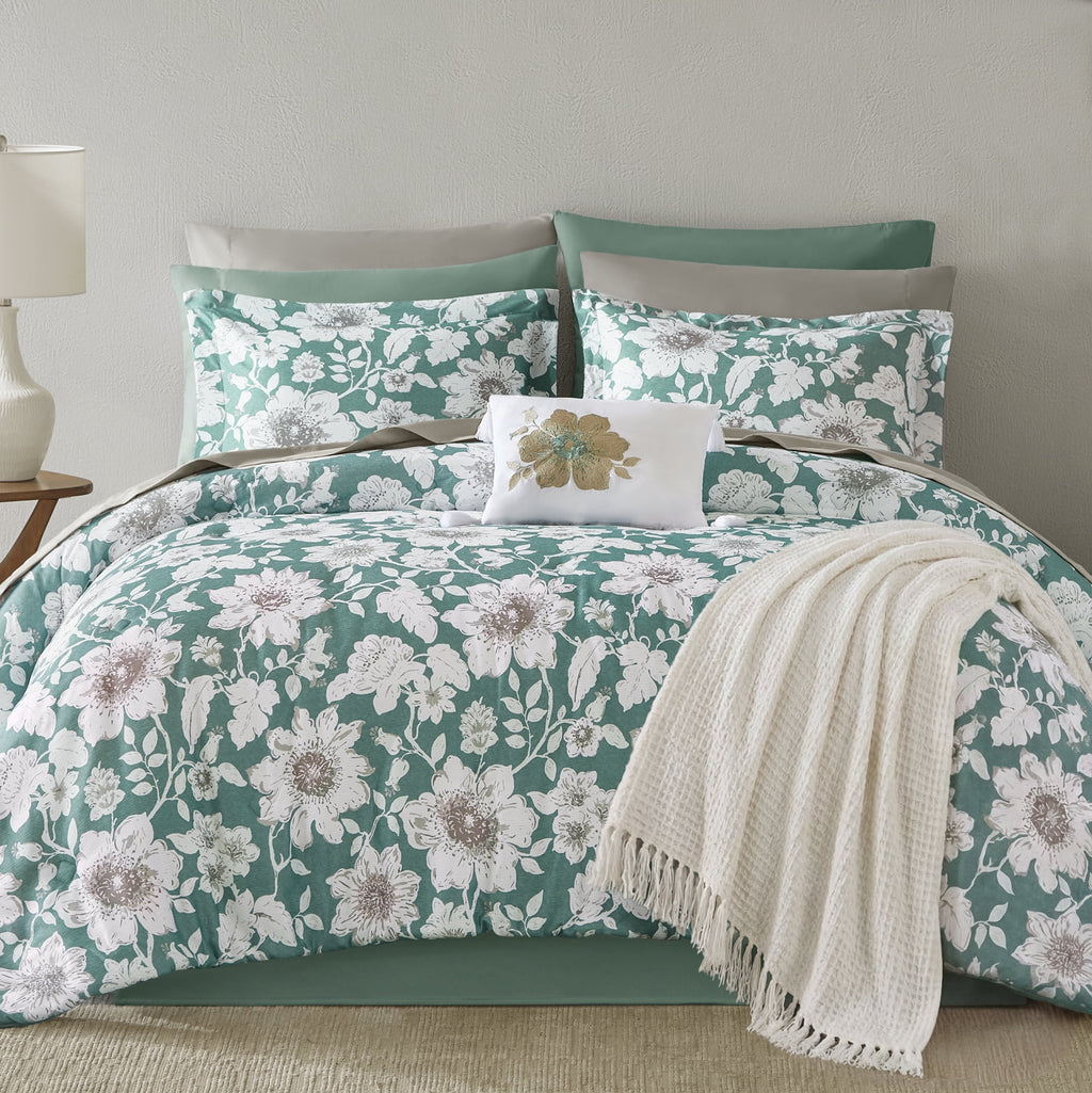 Velmora™ Reversible Bed-in-a-Bag Bedding Set, 11 Pieces, Queen, Green Floral