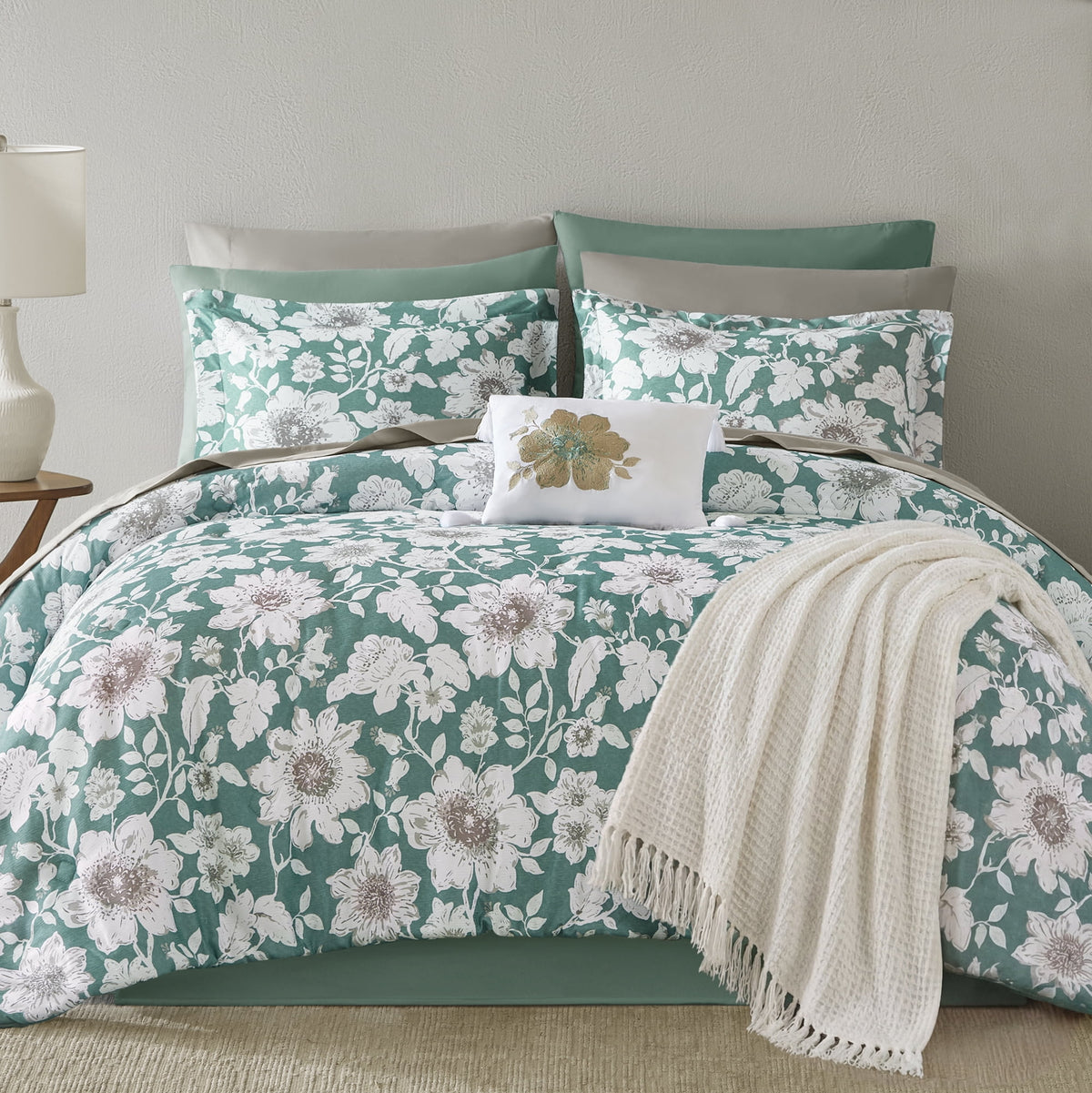 Velmora™ Reversible Bed-in-a-Bag Bedding Set, 11 Pieces, Queen, Green Floral