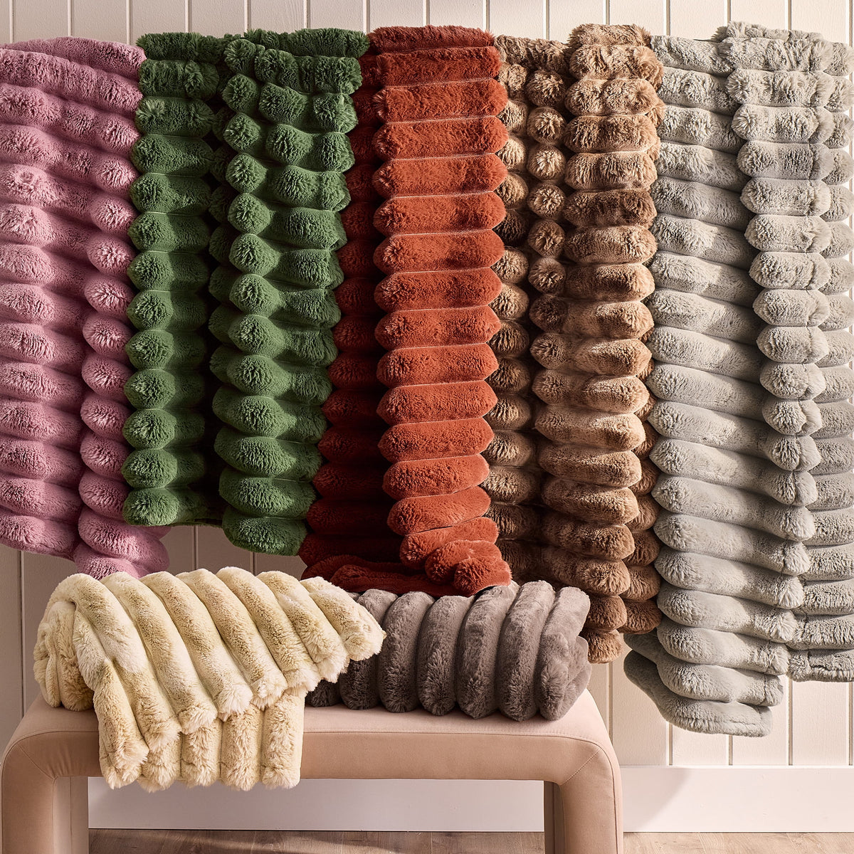 Velmora™ Beige Marbled Exaggerated Channel Faux Fur Oversized Throw, 50" x 72"