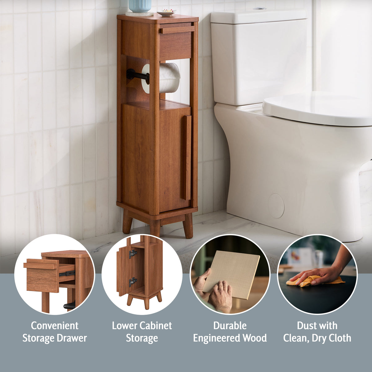 Velmora™ Greyson Slim Bathroom Storage Cabinet with Toilet Paper Holder, Walnut Finish