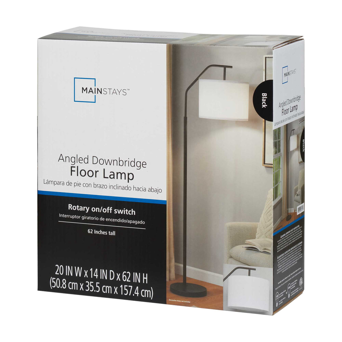 Velmora™ 62 in Black Metal Angled Downbridge Floor Lamp with White Linen Shade