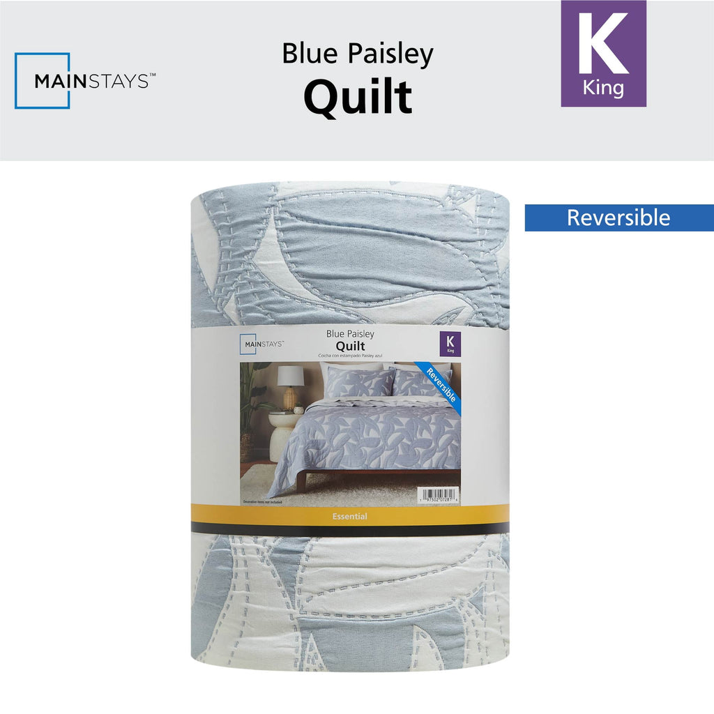 Velmora™ Reversible King Quilt, Light Blue, Leaf-Stitched, Lightweight Bedding