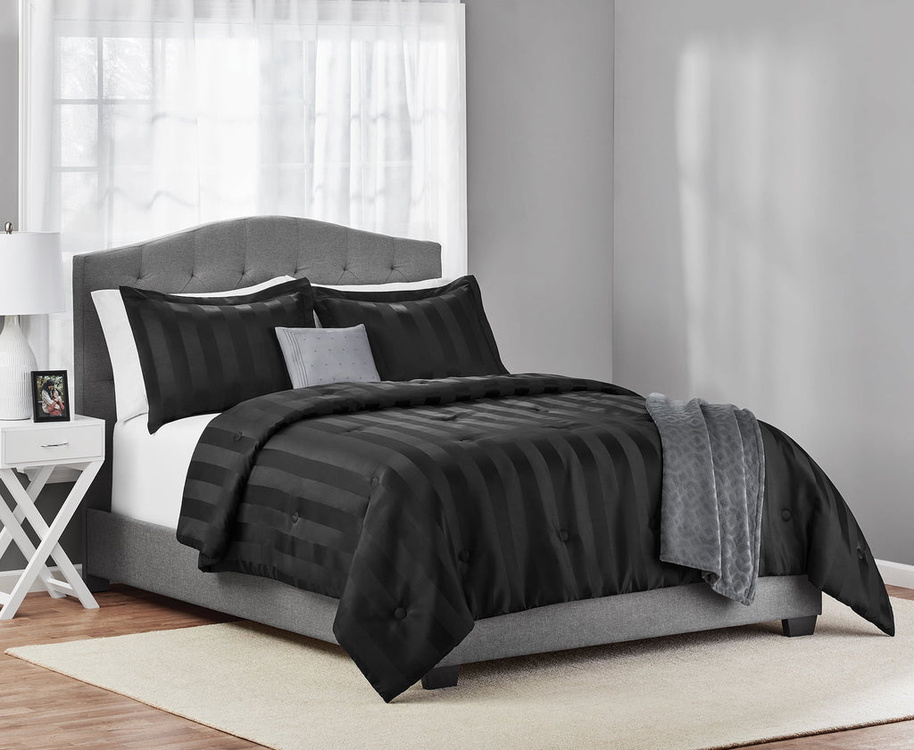 Velmora™ Rich Black 5 Piece Damask Stripe Comforter Set, King, Adult, Unisex