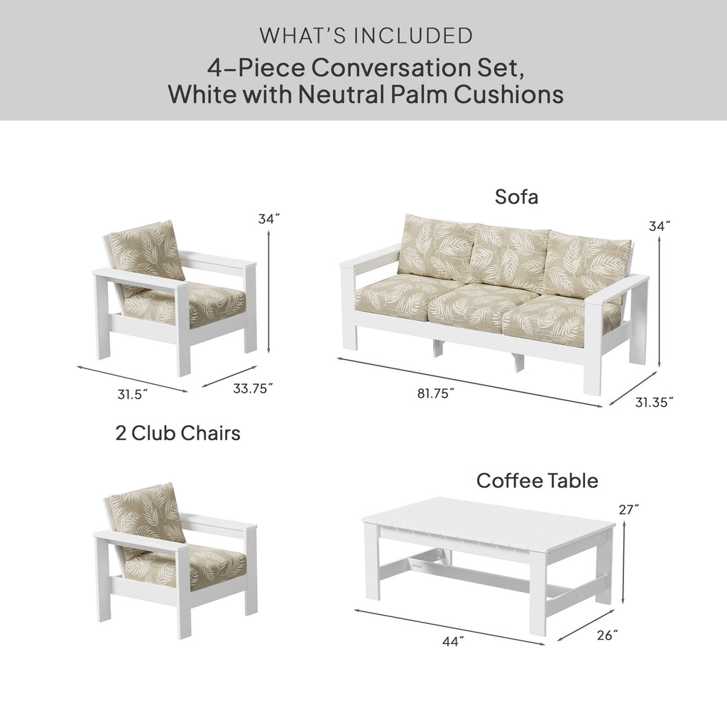 Velmora™ Ezra 4-Piece Outdoor HDPE Conversation Set, White with Neutral Palm Cushions