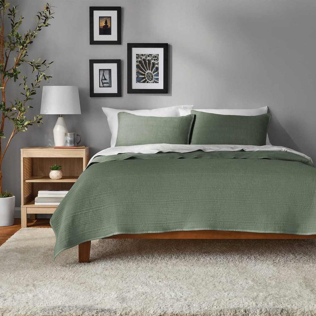 Velmora™ Garment Washed Stripe Quilt, King, Green, Soft Microfiber Bedding
