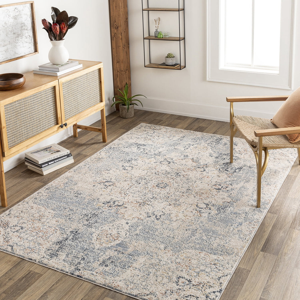 Velmora™ Abstract with Fringe 5'2" x 7' Area Rug for Living Room Bedroom Ivory