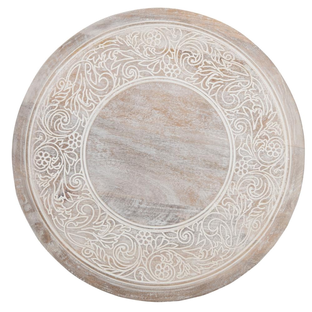 Velmora™ Rehnuma Bohemian Carved Side Table, White Wash