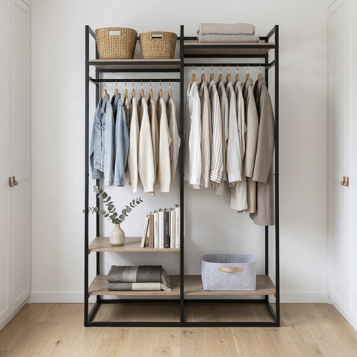 Velmora™ Jace Freestanding Metal 2-Rod Garment Clothes Rack with 4 Wooden Shelves, Black