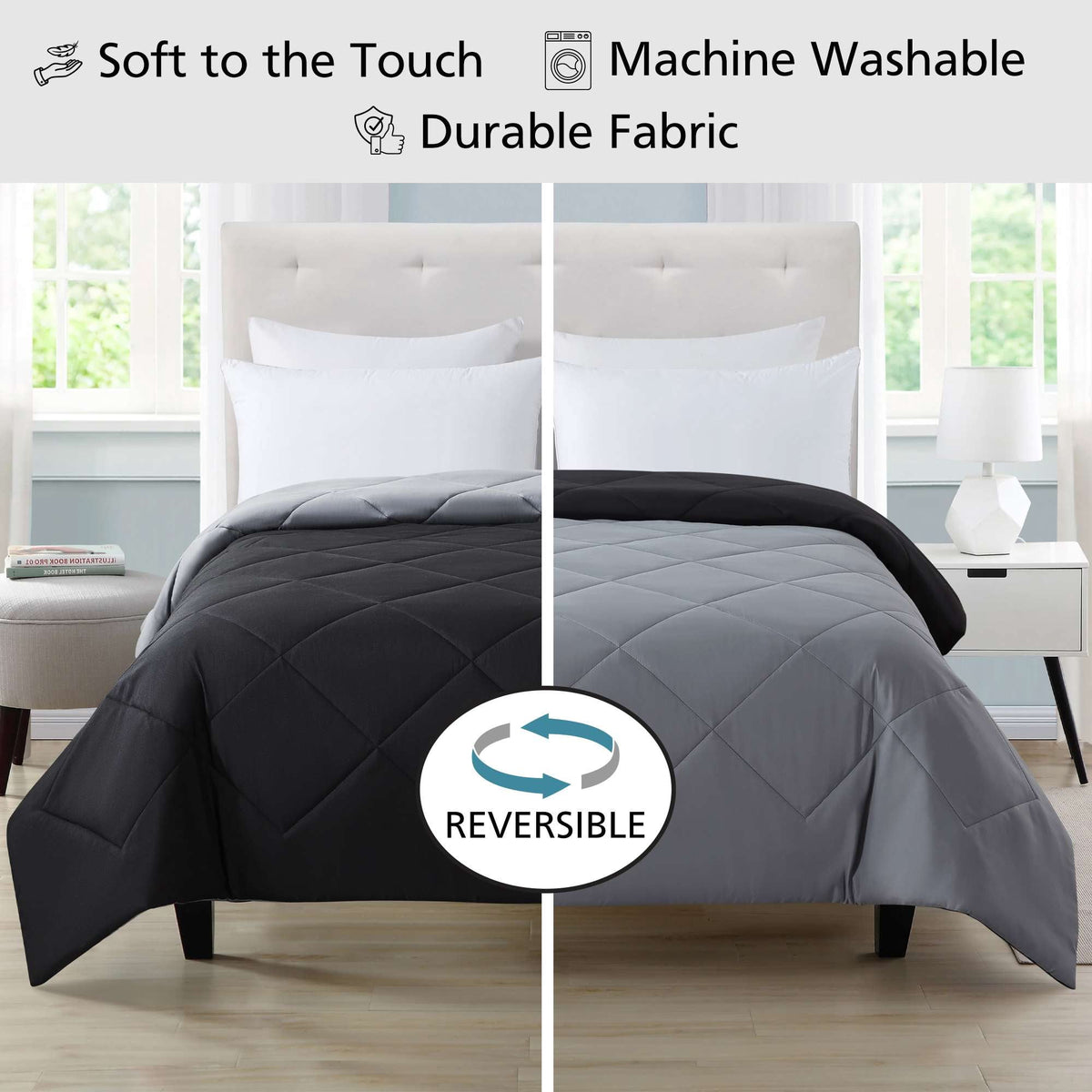Velmora™ Full/Queen Comforter, All-Season Reversible Microfiber, Black
