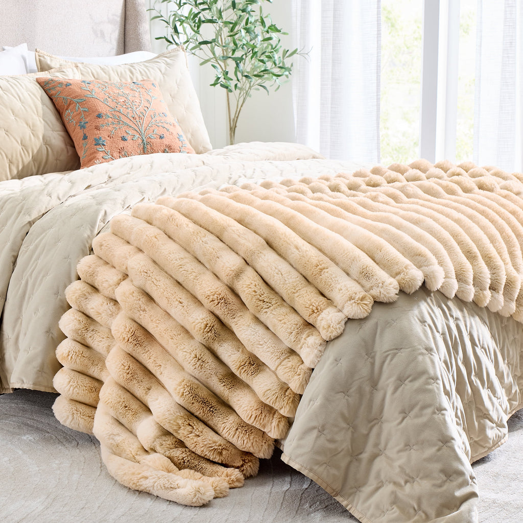 Velmora™ Beige Marbled Exaggerated Channel Faux Fur Oversized Throw, 50" x 72"