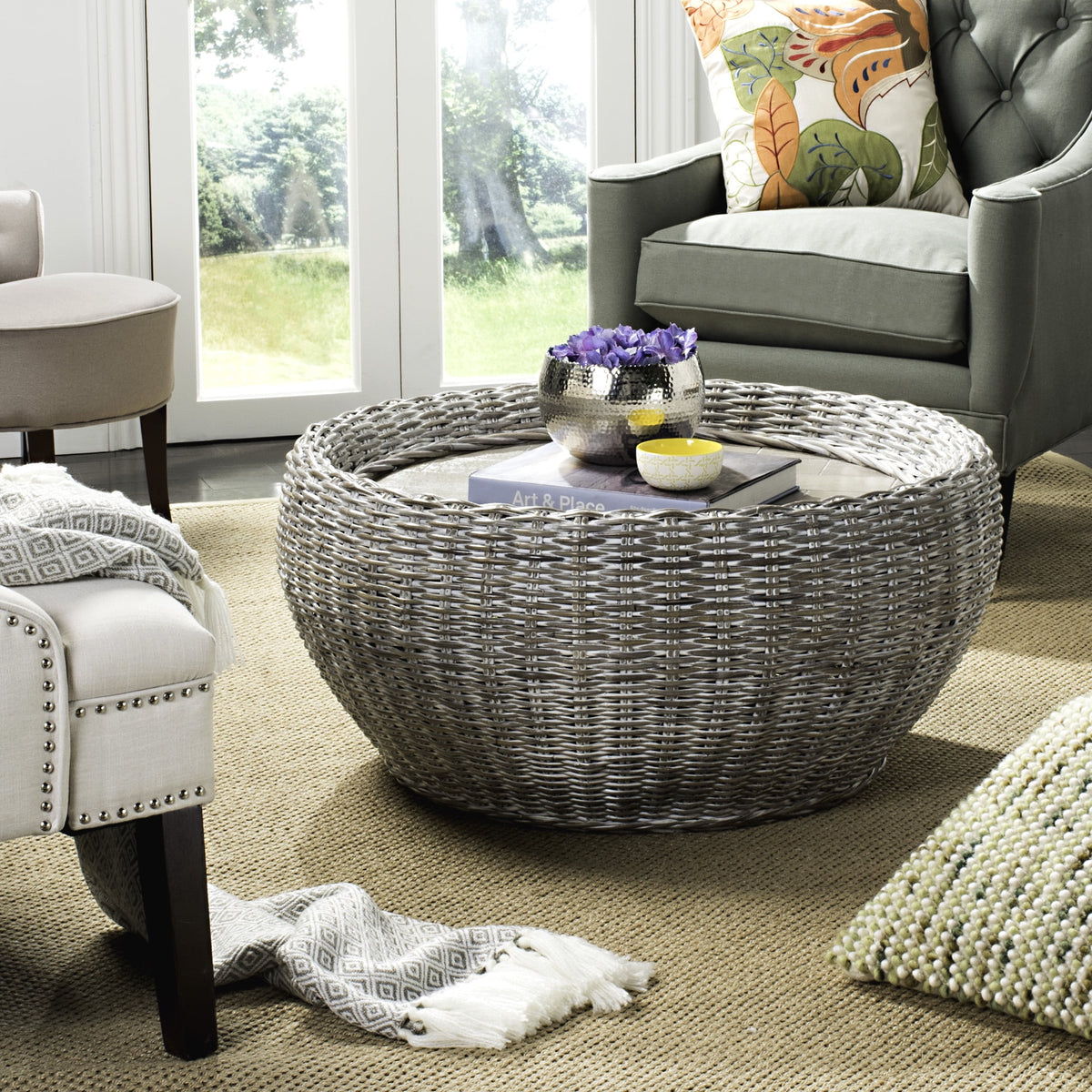 Velmora™ Alley Wood Top Round Wicker Coffee Table, Natural Brown