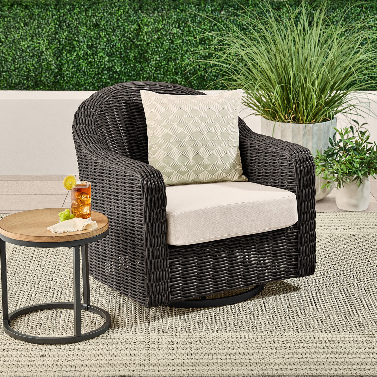 Velmora™ Bellamy Outdoor Motion Chair, Dark Brown Wicker with Cream Cushion