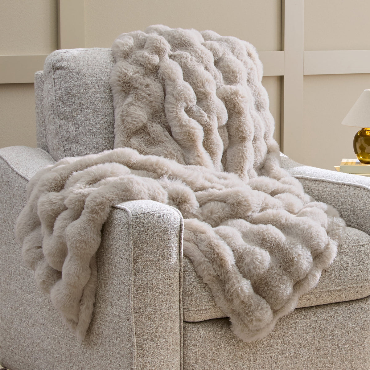 Velmora™ Beige Marbled Exaggerated Channel Faux Fur Oversized Throw, 50" x 72"