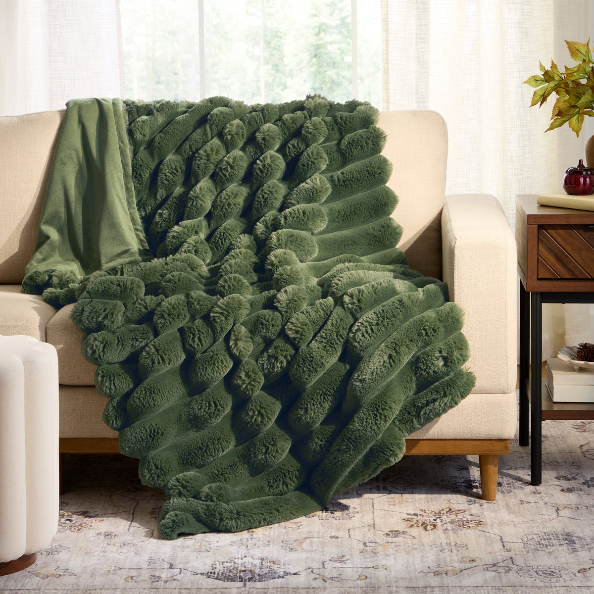 Velmora™ Beige Marbled Exaggerated Channel Faux Fur Oversized Throw, 50" x 72"