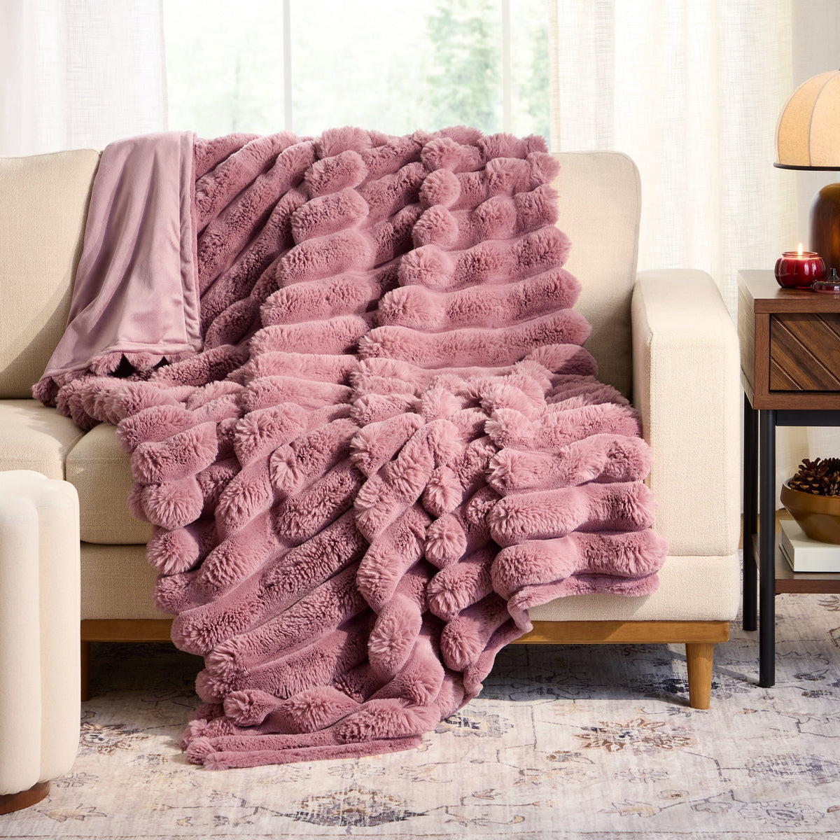 Velmora™ Beige Marbled Exaggerated Channel Faux Fur Oversized Throw, 50" x 72"