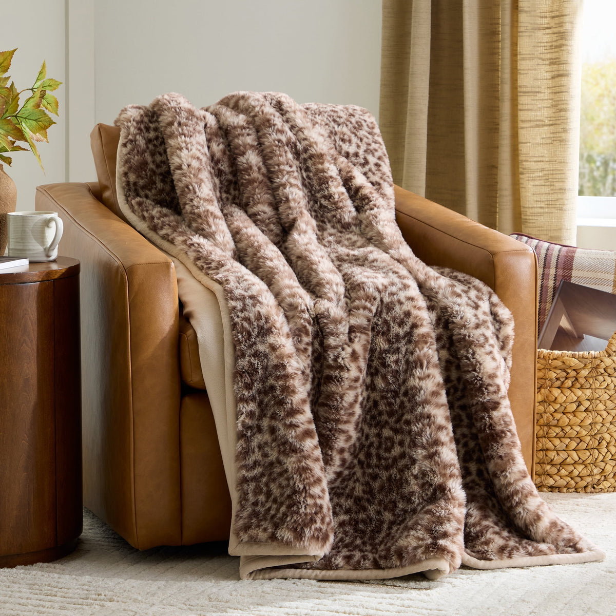 Velmora™ Beige Marbled Exaggerated Channel Faux Fur Oversized Throw, 50" x 72"