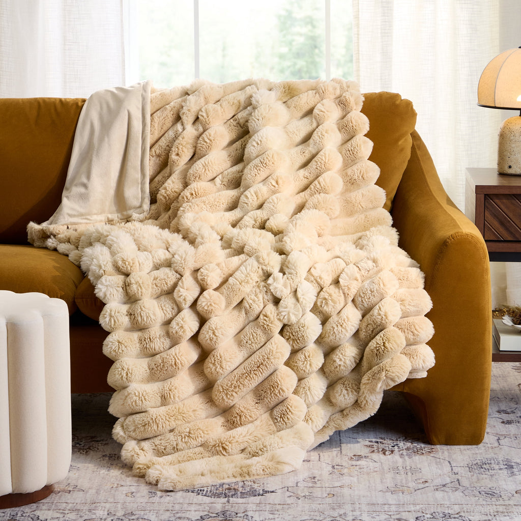 Velmora™ Beige Marbled Exaggerated Channel Faux Fur Oversized Throw, 50" x 72"