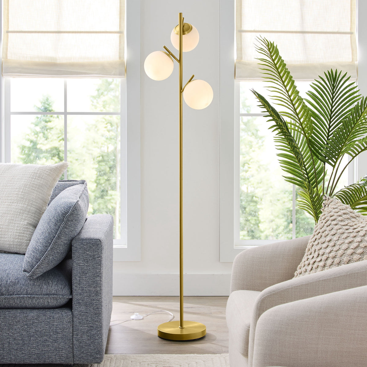 Velmora™ 3-Globe Freestanding Floor Lamp, 65 in, Frosted Glass Shades, Foot Switch