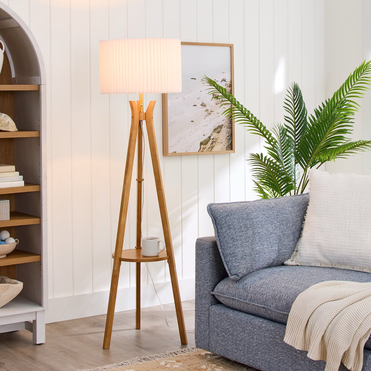 Velmora™ 63 in Natural Wood Tripod Floor Lamp with Pleated Shade