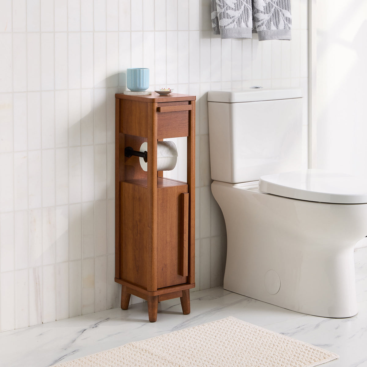 Velmora™ Greyson Slim Bathroom Storage Cabinet with Toilet Paper Holder, Walnut Finish