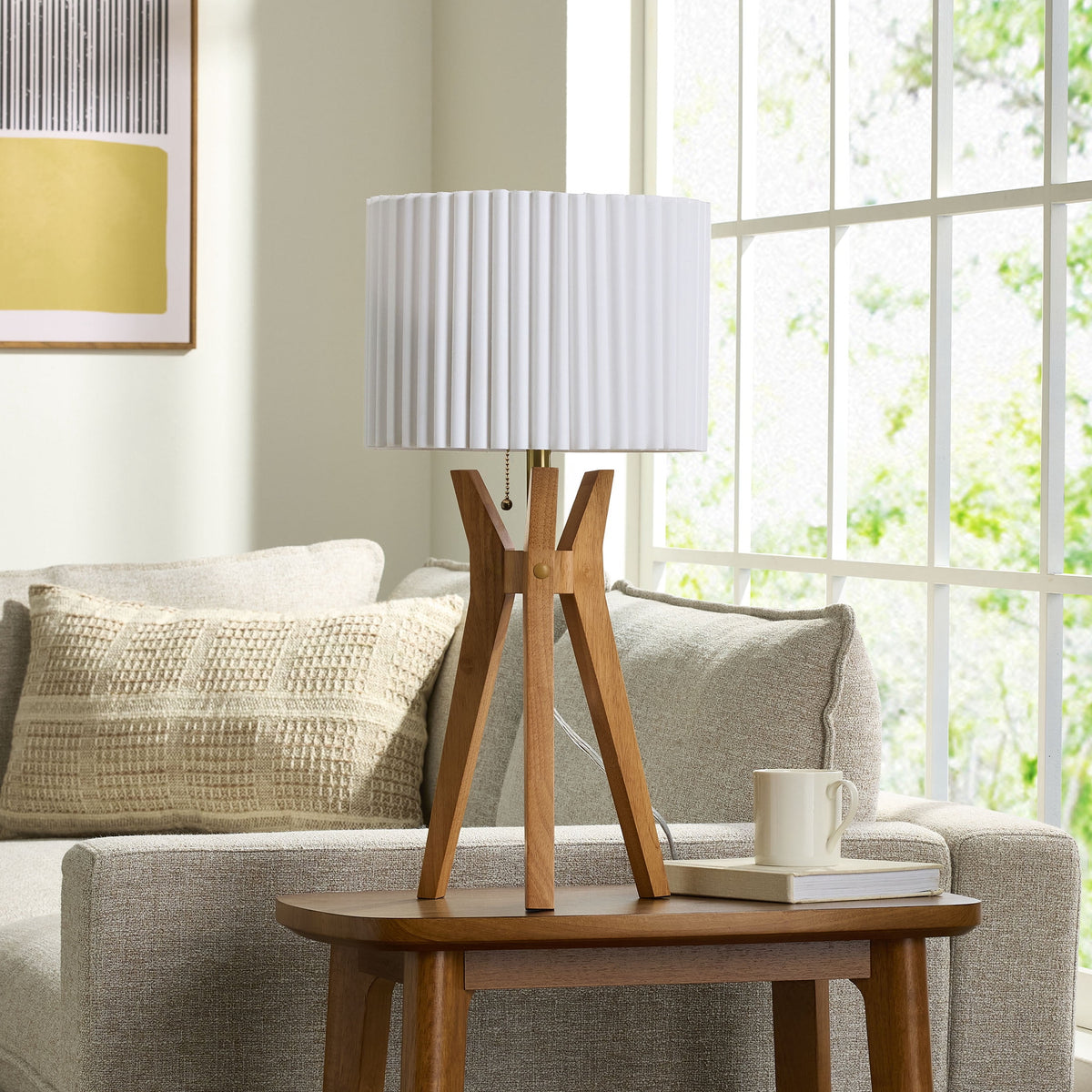 Velmora™ 24 in Tripod Table Lamp with Natural Wood Base and Pleated Shade