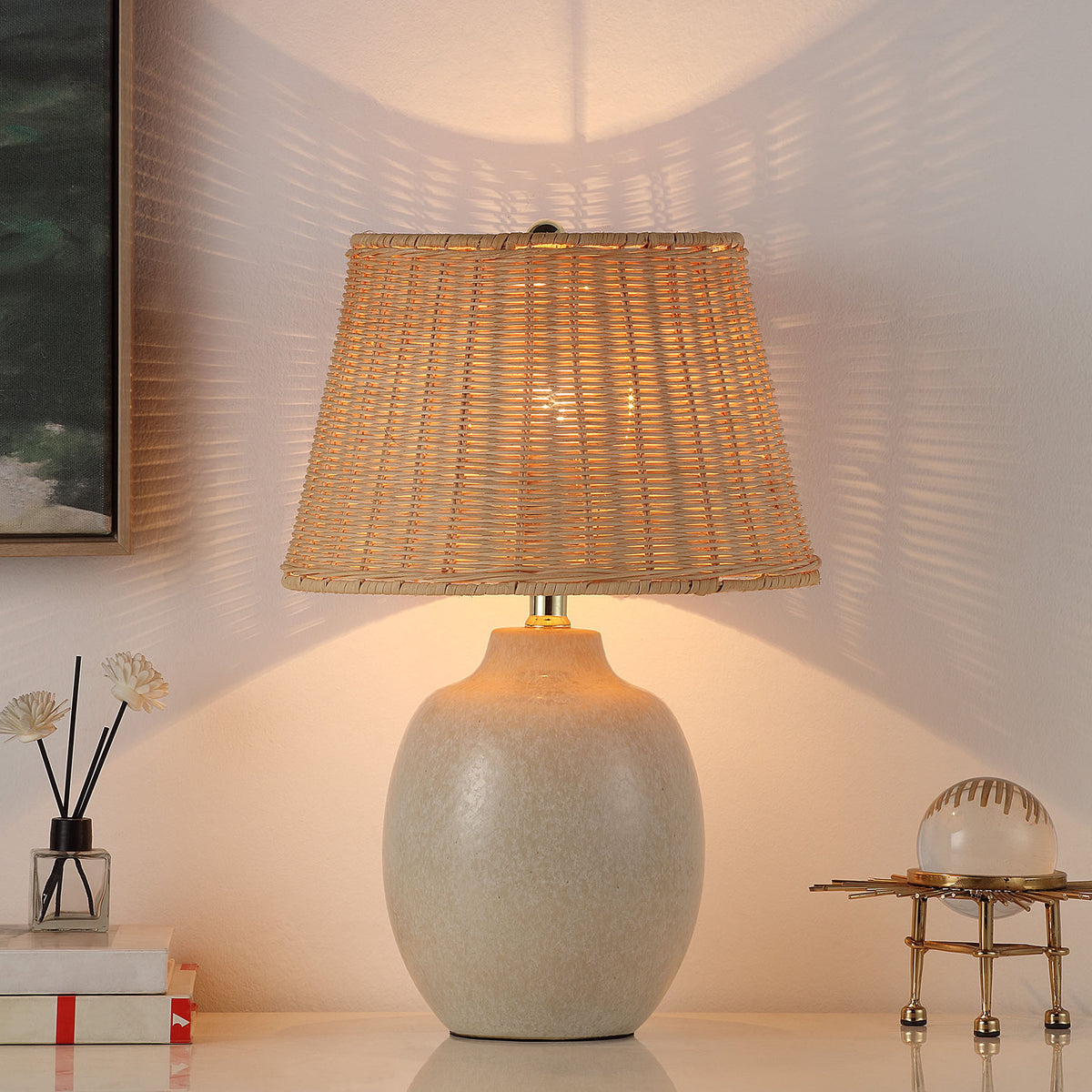 Velmora™ Cream Reactive Ceramic Table Lamp with Natural Rattan Shade, 18 in