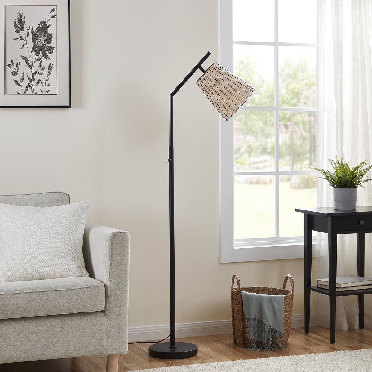 Velmora™ 60 in Boho Black Angled Floor Lamp with Rattan Shade