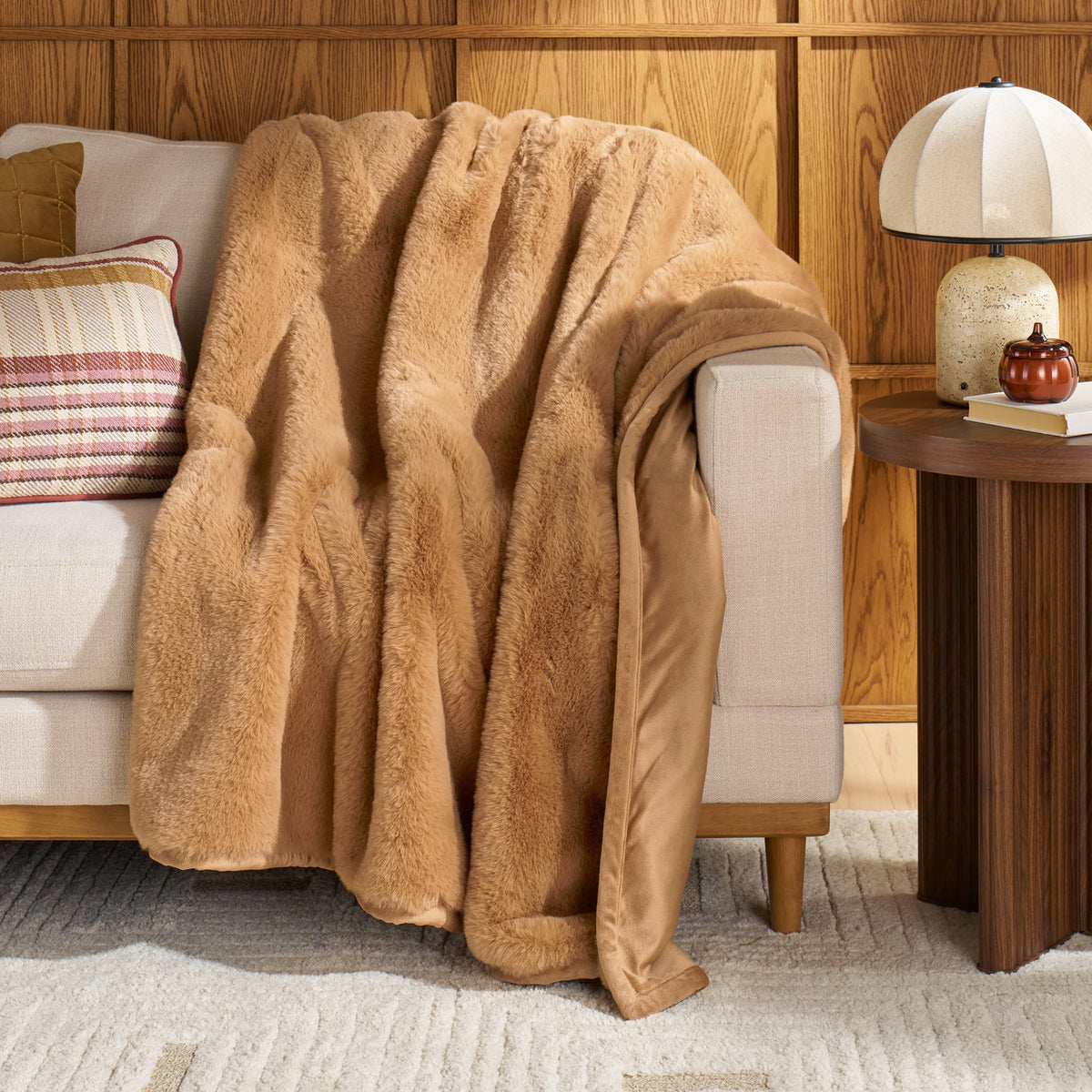 Velmora™ Beige Marbled Exaggerated Channel Faux Fur Oversized Throw, 50" x 72"