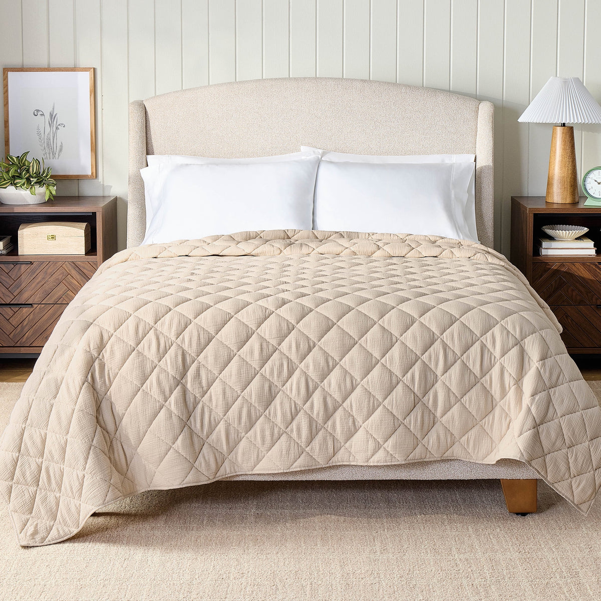 Velmora™ Papyrus Beige Diamond Cotton Gauze Quilt, King - Breathable Cotton Bedding