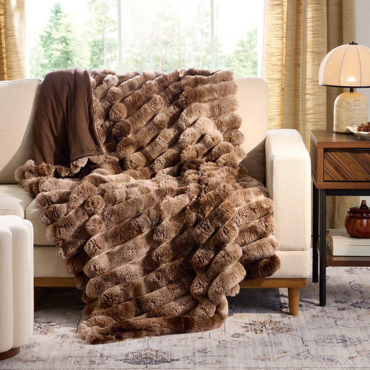 Velmora™ Beige Marbled Exaggerated Channel Faux Fur Oversized Throw, 50" x 72"