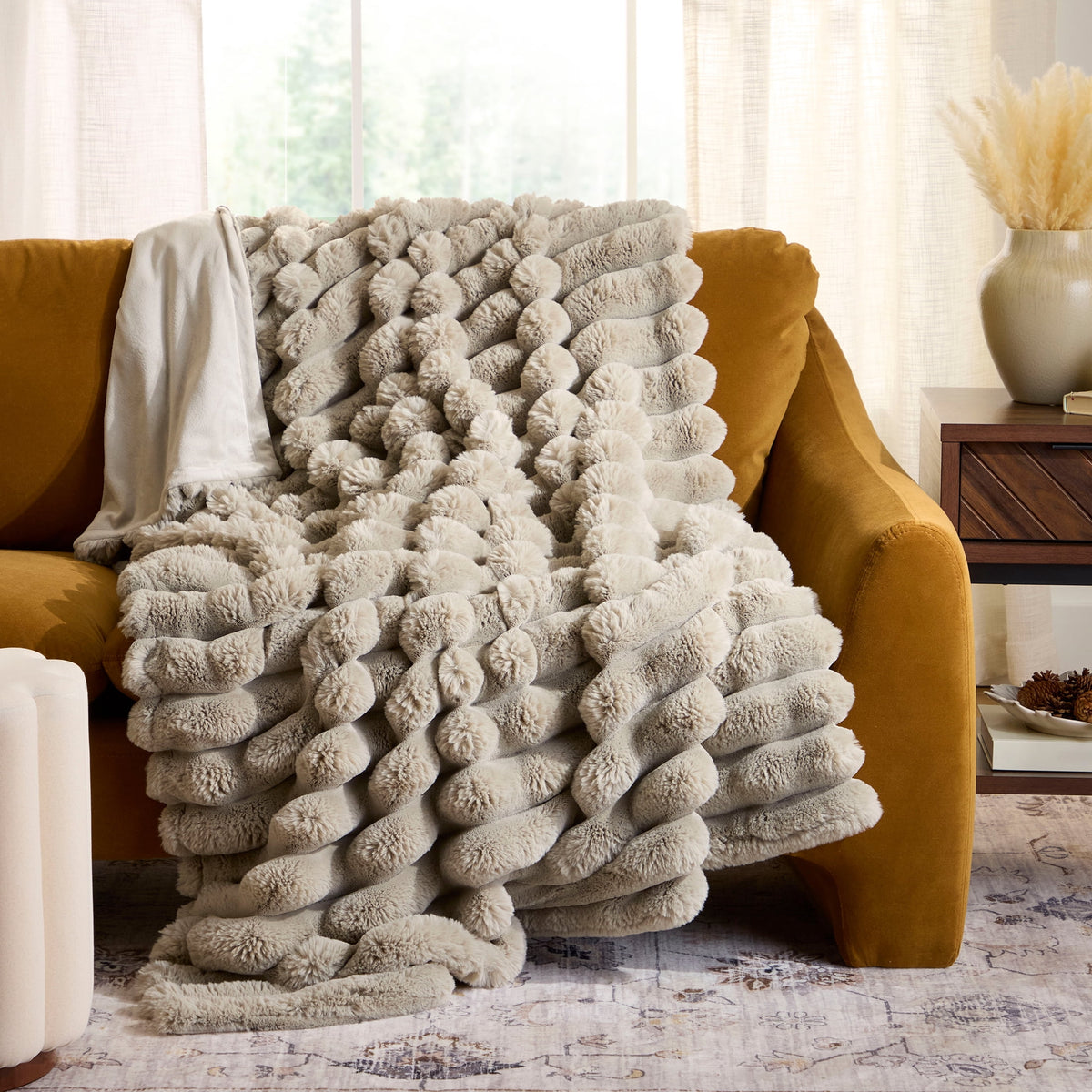 Velmora™ Beige Marbled Exaggerated Channel Faux Fur Oversized Throw, 50" x 72"