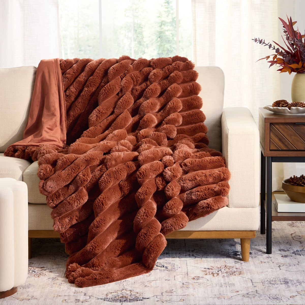 Velmora™ Beige Marbled Exaggerated Channel Faux Fur Oversized Throw, 50" x 72"