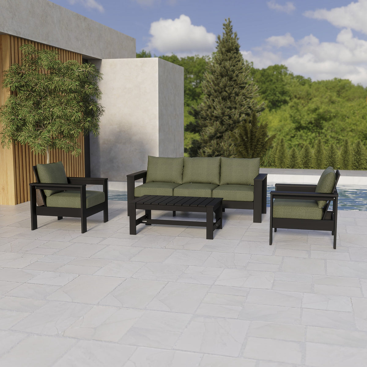Velmora™ Ezra 4-Piece Outdoor HDPE Conversation Set, White with Neutral Palm Cushions