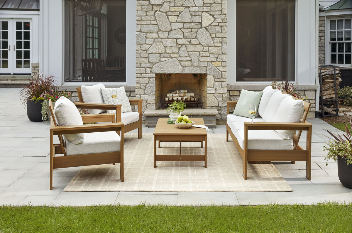 Velmora™ Ezra 4-Piece Outdoor HDPE Conversation Set, White with Neutral Palm Cushions