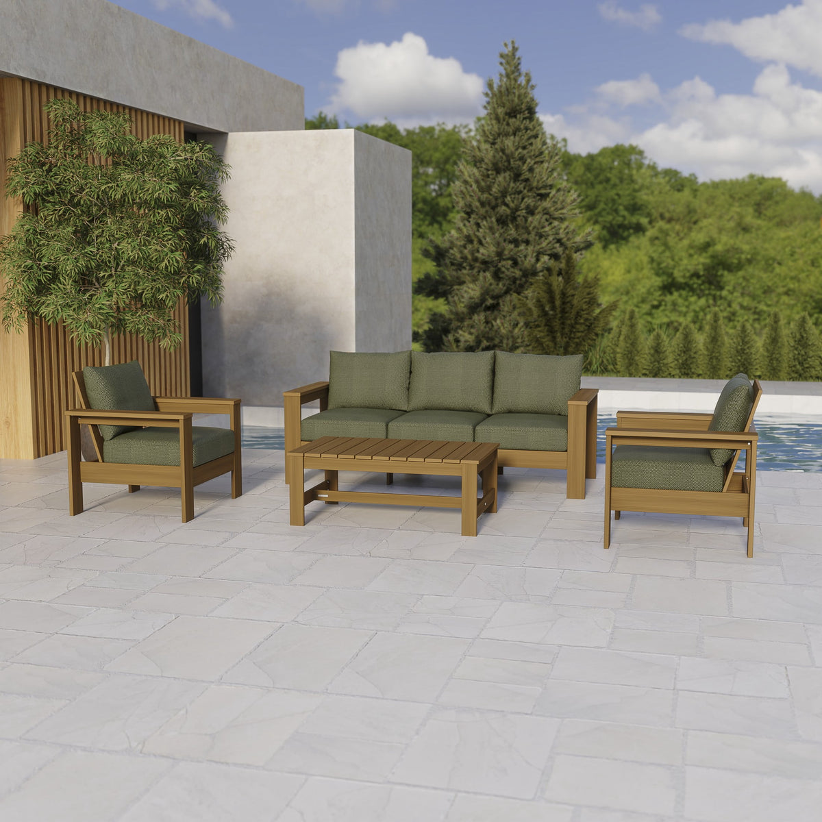 Velmora™ Ezra 4-Piece Outdoor HDPE Conversation Set, White with Neutral Palm Cushions
