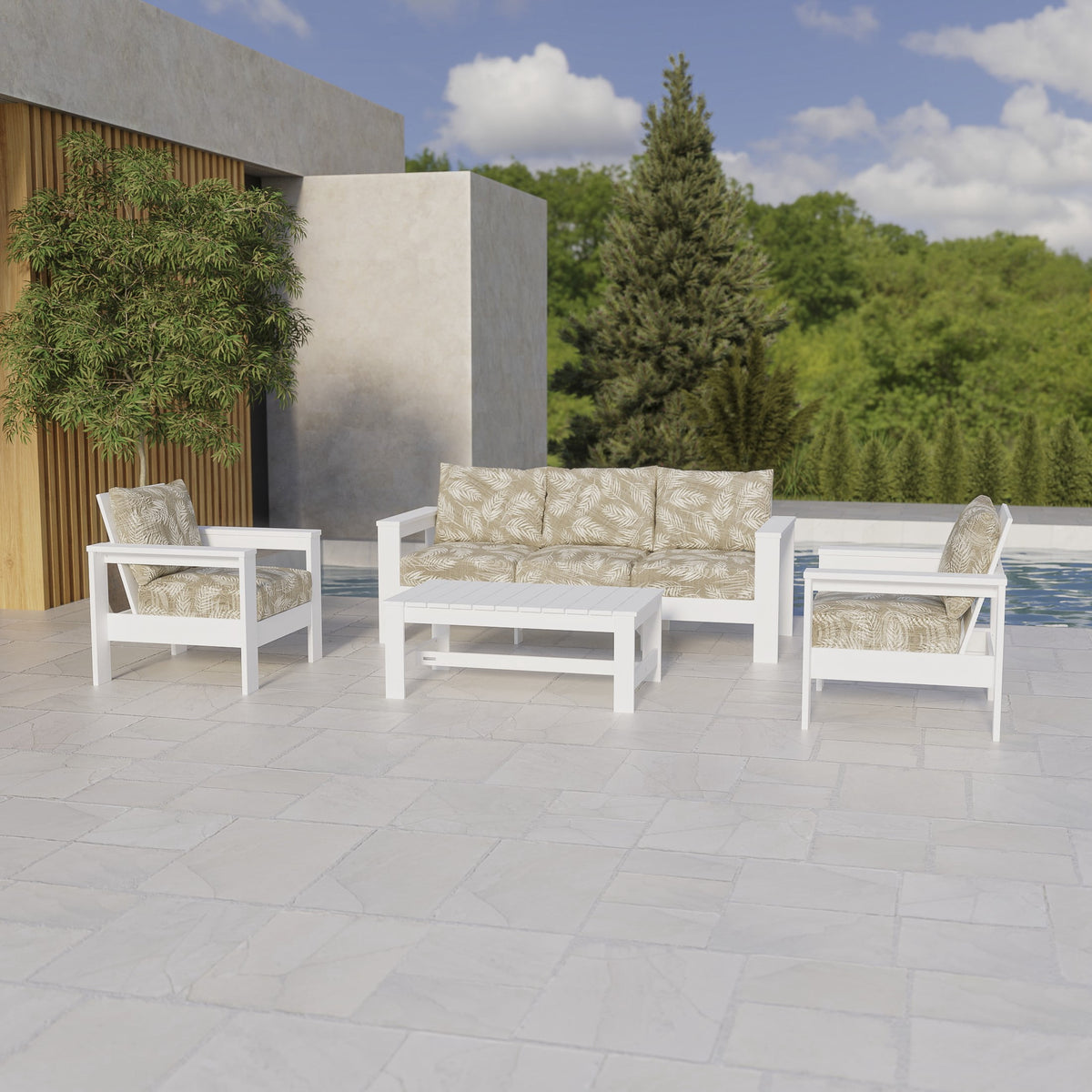 Velmora™ Ezra 4-Piece Outdoor HDPE Conversation Set, White with Neutral Palm Cushions